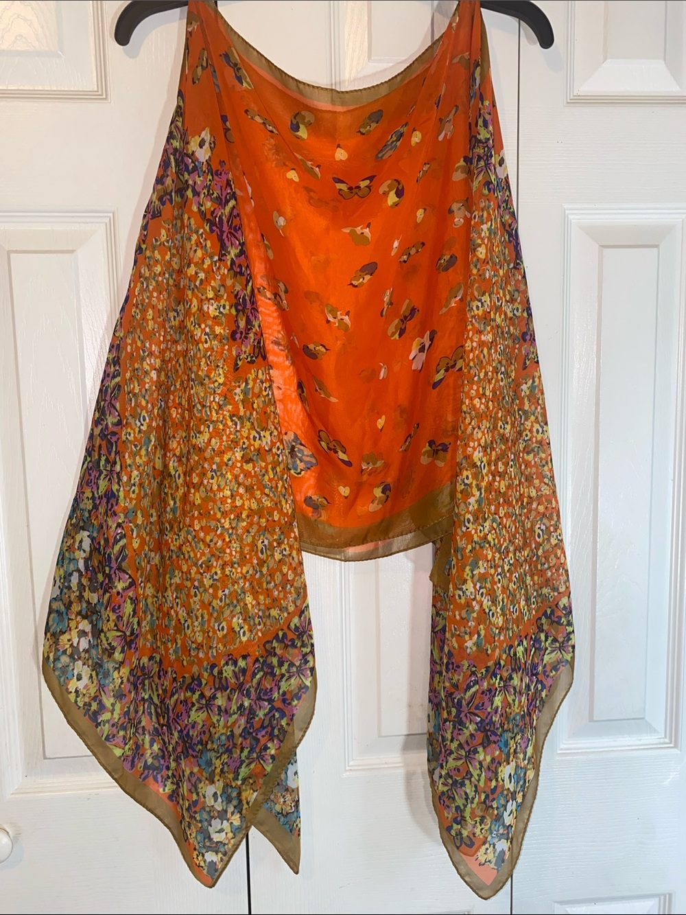 Orange Floral Butterfly Silk Scarf Top - Unbranded
